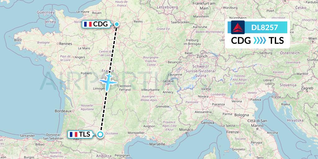 DL8257 Delta Air Lines Flight Map: Paris to Toulouse