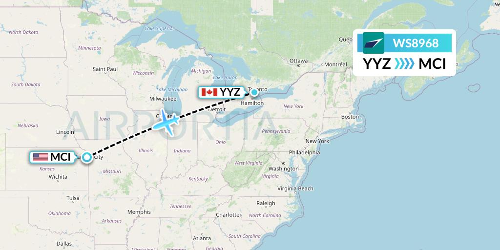 WS8968 WestJet Flight Map: Toronto to Kansas City