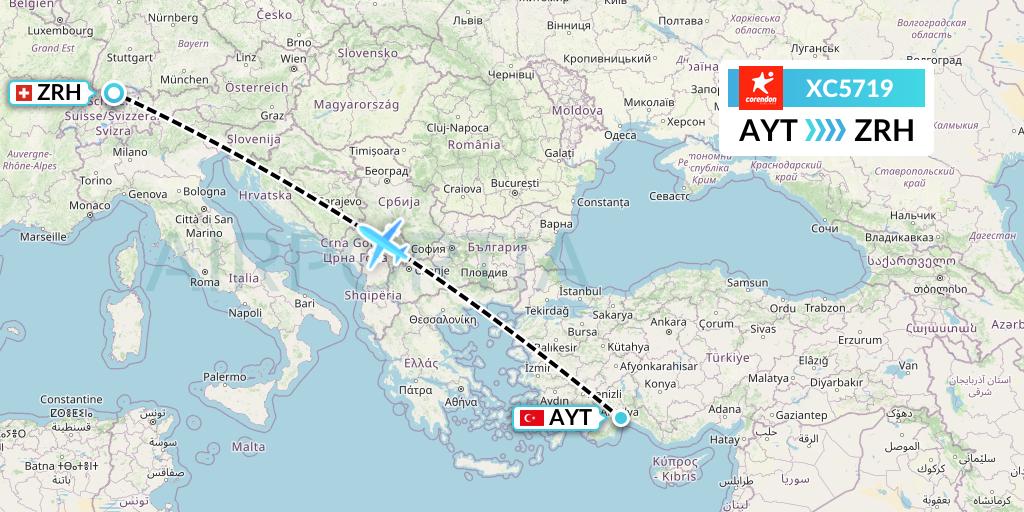 XC5719 Corendon Airlines Flight Map: Antalya to Zurich
