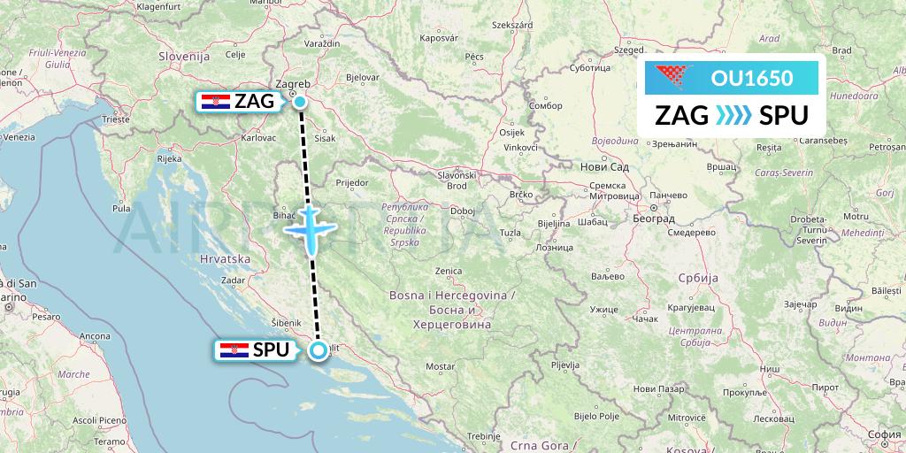 OU1650 Croatia Airlines Flight Map: Zagreb to Split