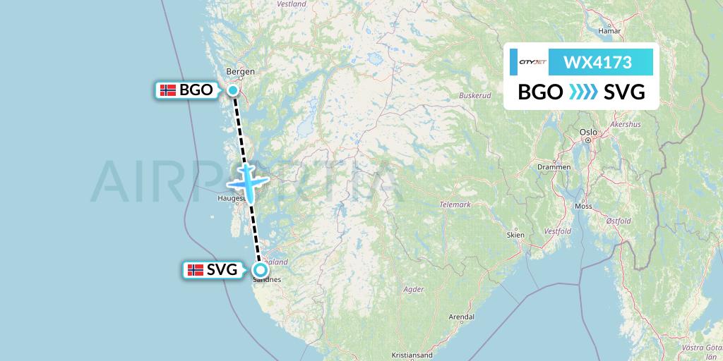 WX4173 Cityjet Flight Map: Bergen to Stavanger
