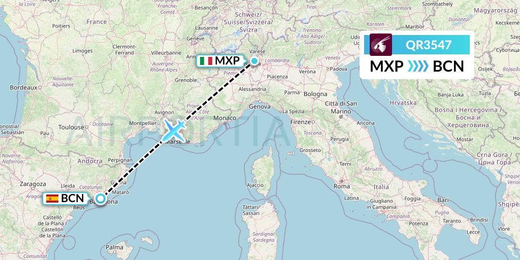 QR3547 Qatar Airways Flight Map: Milan to Barcelona