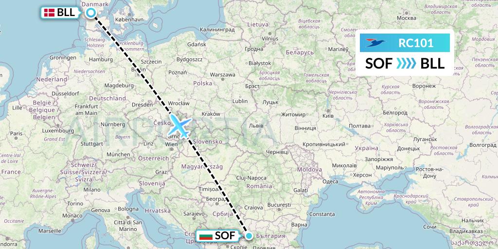 RC101 Atlantic Airways Flight Map: Sofia to Billund