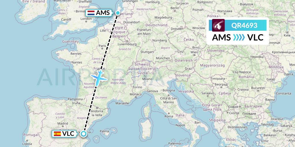 QR4693 Qatar Airways Flight Map: Amsterdam to Valencia