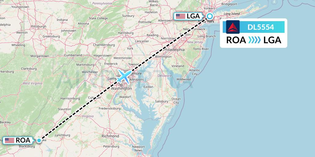DL5554 Delta Air Lines Flight Map: Roanoke to New York