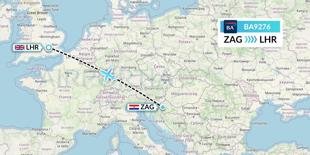 BA9276 British Airways Flight Map: Zagreb to London