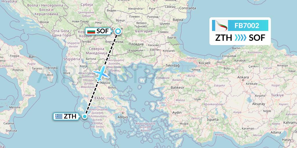 FB7002 Bulgaria Air Flight Map: Zakynthos to Sofia