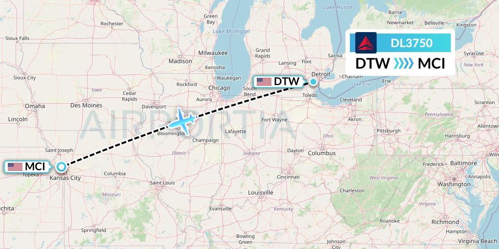 DL3750 Delta Air Lines Flight Map: Detroit to Kansas City