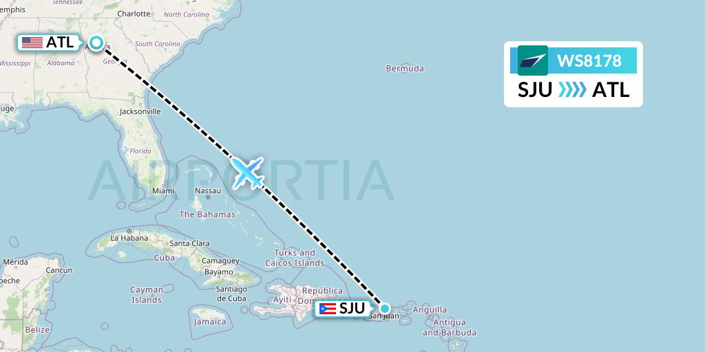 WS8178 WestJet Flight Map: San Juan to Atlanta