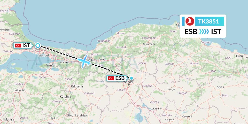 TK3851 Turkish Airlines Flight Map: Ankara to Istanbul