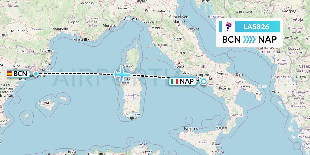 LA5826 LAN Airlines Flight Map: Barcelona to Naples