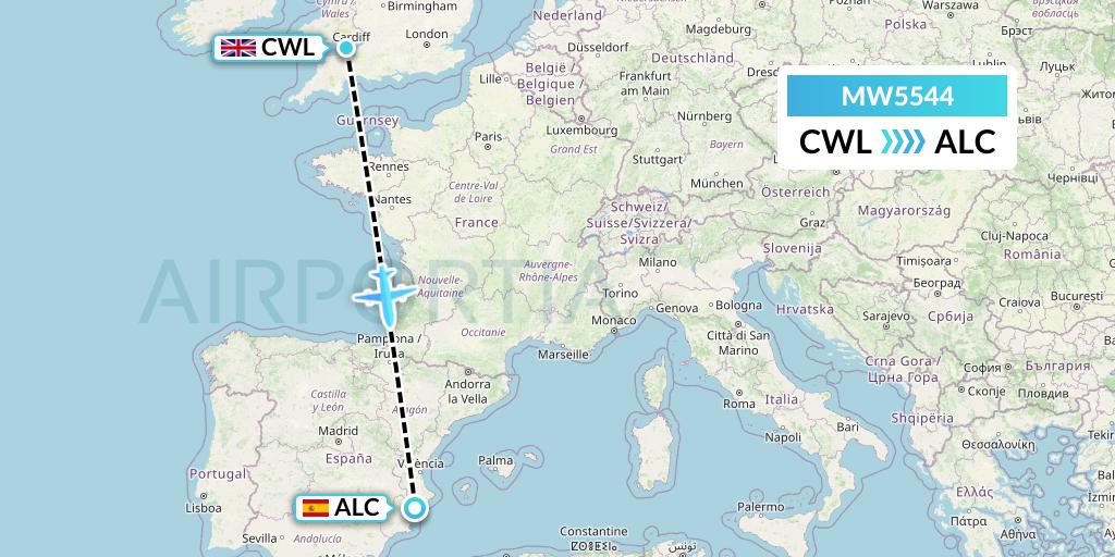 MW5544 Mokulele Flight Service Flight Map: Cardiff to Alicante