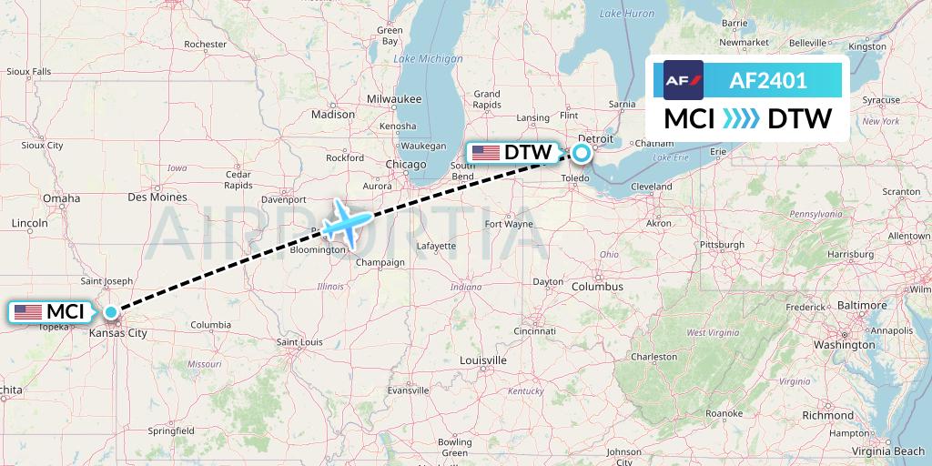 AF2401 Air France Flight Map: Kansas City to Detroit