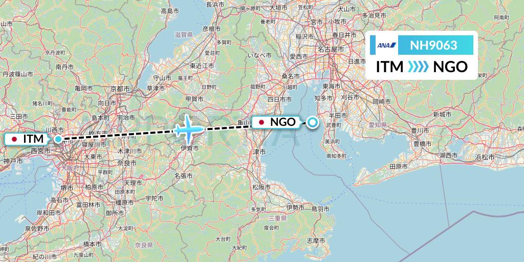 NH9063 All Nippon Airways Flight Map: Osaka to Nagoya