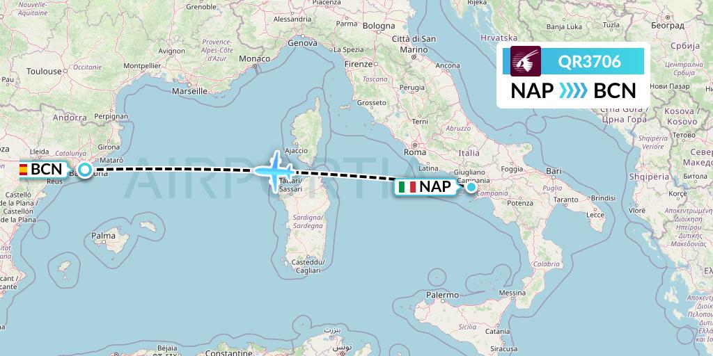 QR3706 Qatar Airways Flight Map: Naples to Barcelona