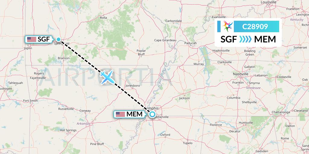 C28909 Ceiba Intercontinental Flight Map: Springfield to Memphis