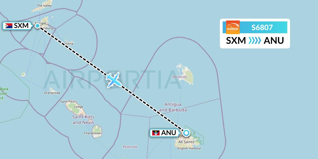 S6807 Sunrise Airways Flight Map: Sint Maarten to Antigua