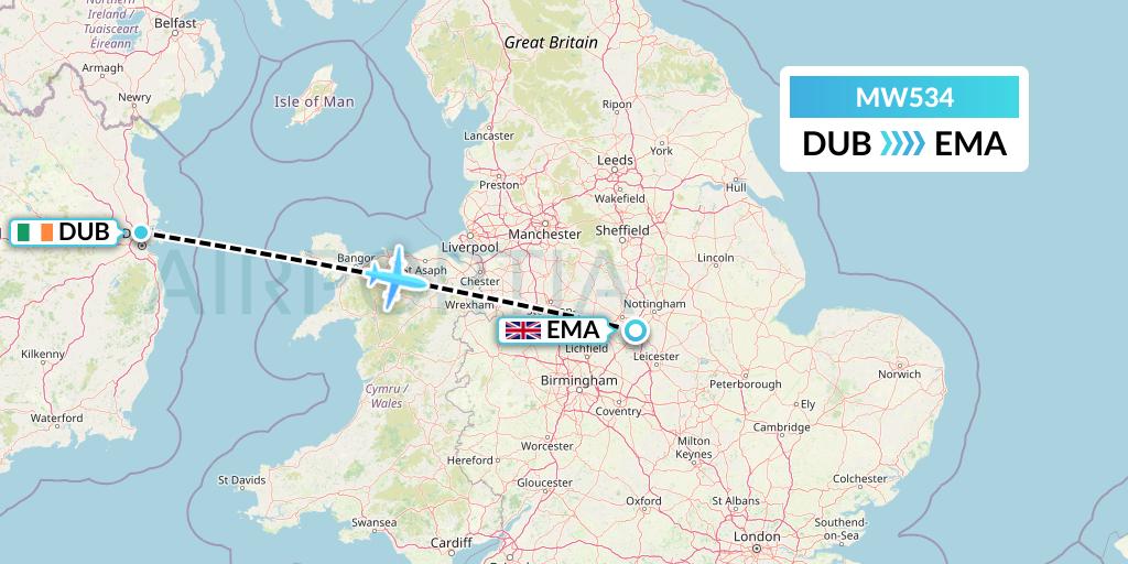 MW534 Mokulele Flight Service Flight Map: Dublin to East Midlands