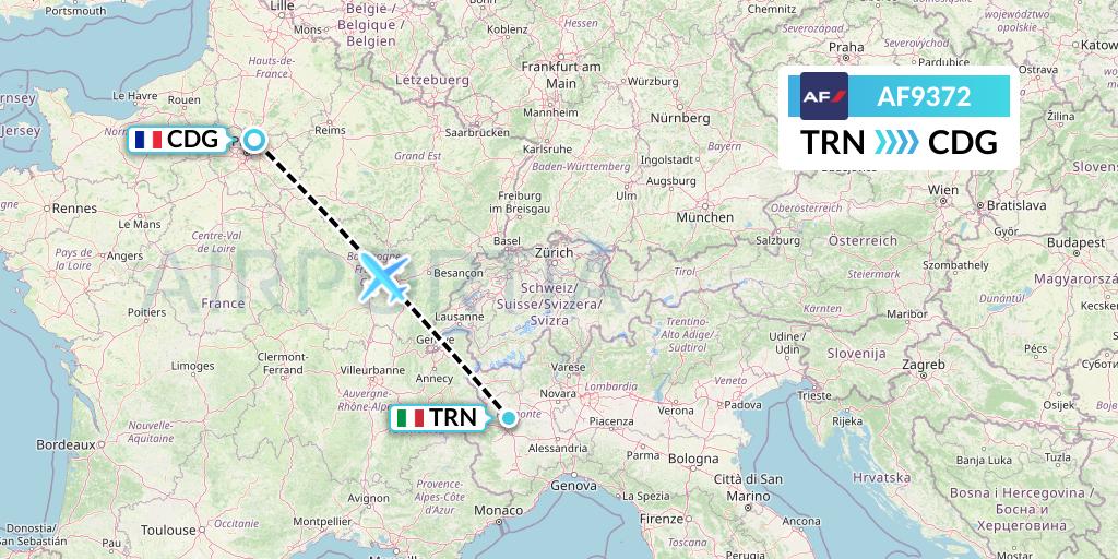 AF9372 Air France Flight Map: Turin to Paris
