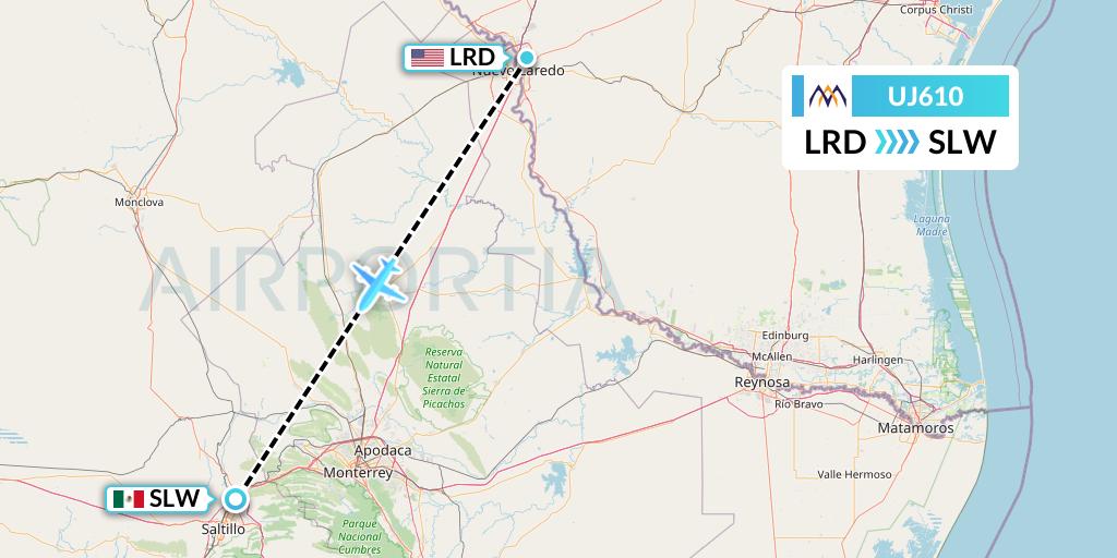 UJ610 AlMasria Universal Airlines Flight Map: Laredo to Saltillo