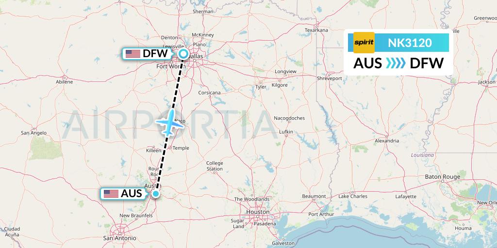 NK3120 Spirit Airlines Flight Map: Austin to Dallas