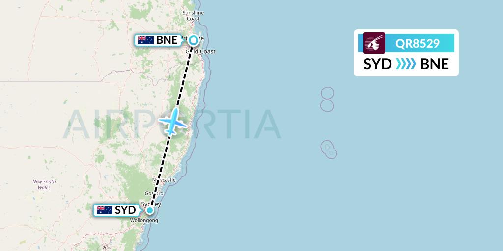 QR8529 Qatar Airways Flight Map: Sydney to Brisbane