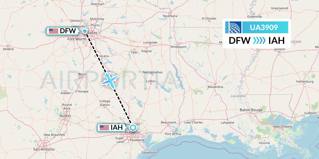 UA3909 United Airlines Flight Map: Dallas to Houston