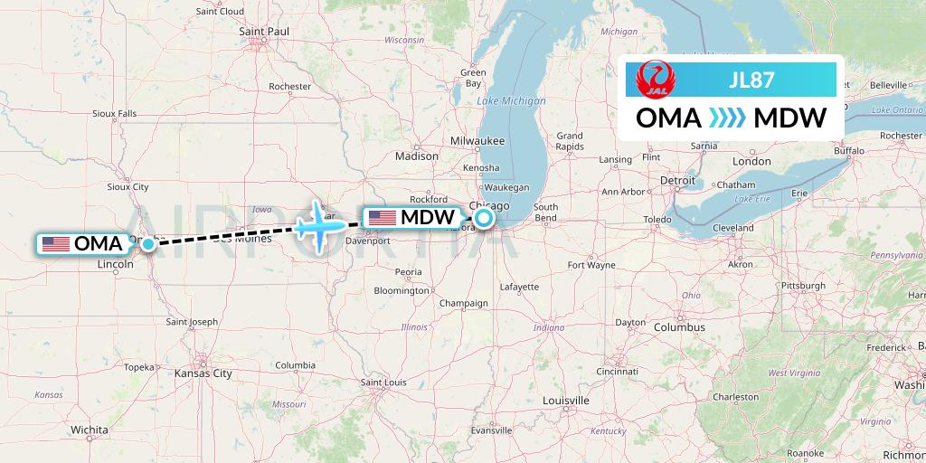 JL87 Japan Airlines Flight Map: Omaha to Chicago