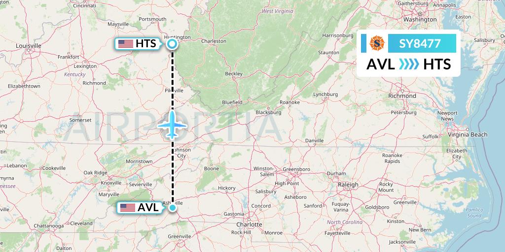 SY8477 Sun Country Airlines Flight Map: Asheville to Huntington