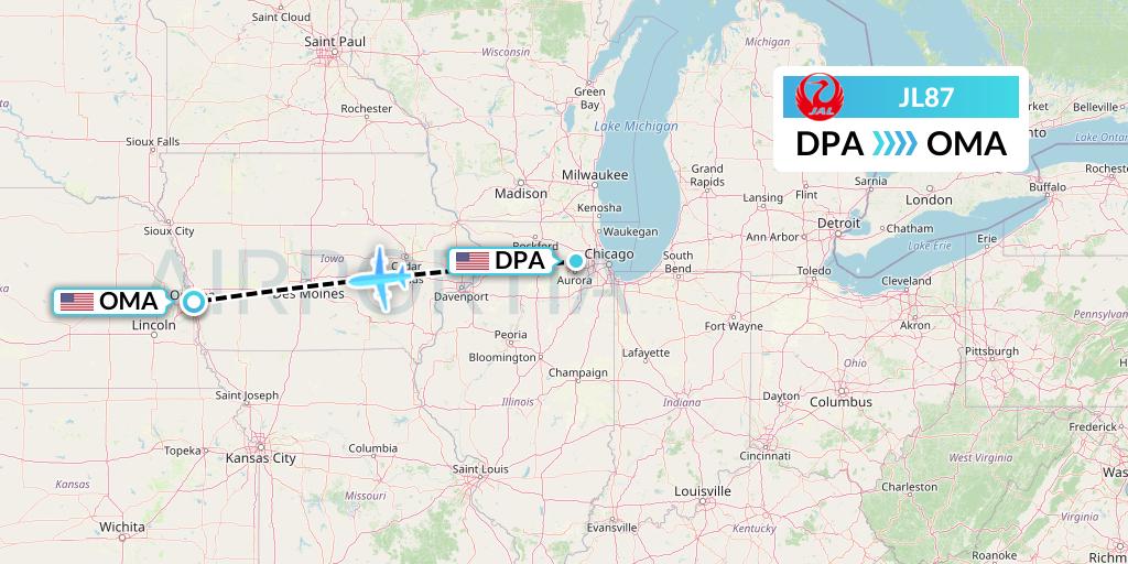 JL87 Japan Airlines Flight Map: Chicago to Omaha