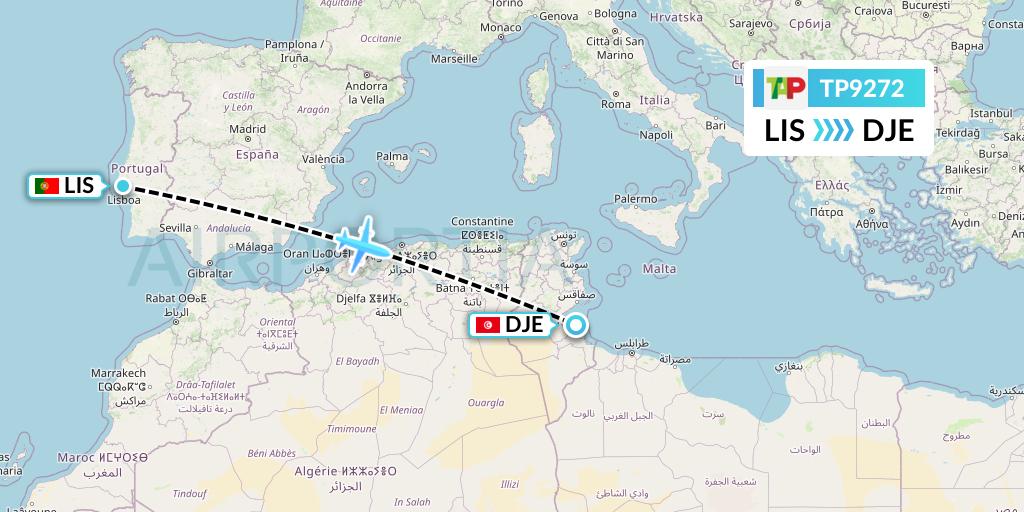 TP9272 TAP Portugal Flight Map: Lisbon to Djerba