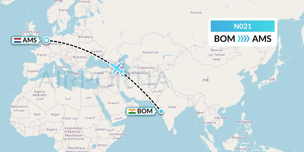 N021 Norse Atlantic Airways Flight Map: Mumbai to Amsterdam