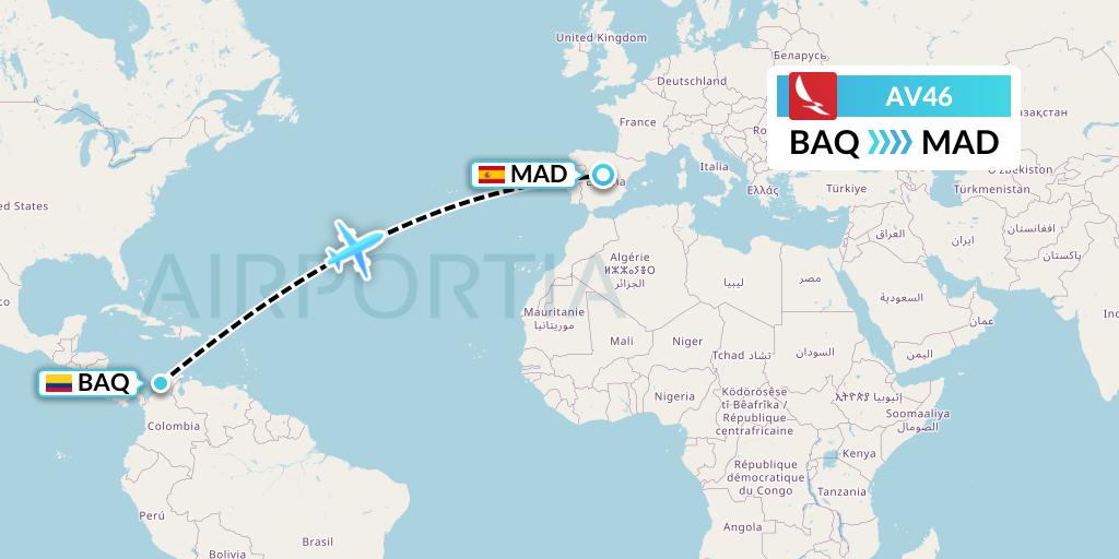 AV46 Avianca Flight Map: Barranquilla to Madrid