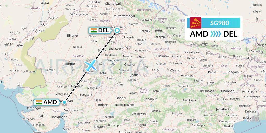 SG980 SpiceJet Flight Map: Ahmedabad to Delhi