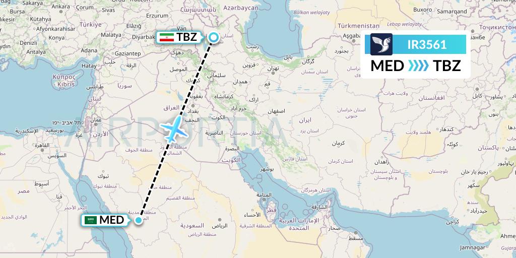 IR3561 Iran Air Flight Map: Medina to Tabriz