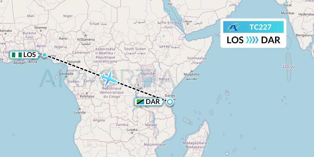 TC227 Air Tanzania Flight Map: Lagos to Dar-es-Salaam