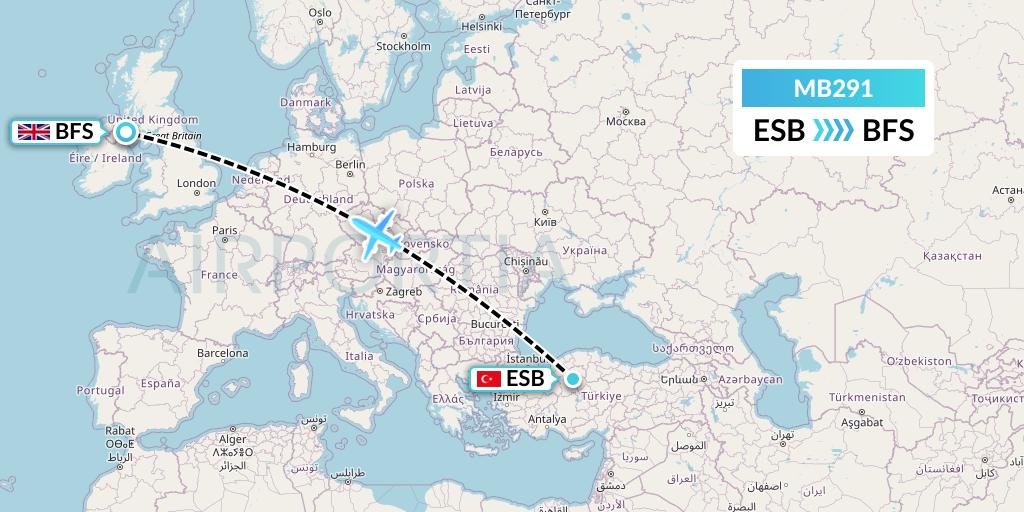 MB291 MNG Airlines Flight Map: Ankara to Belfast