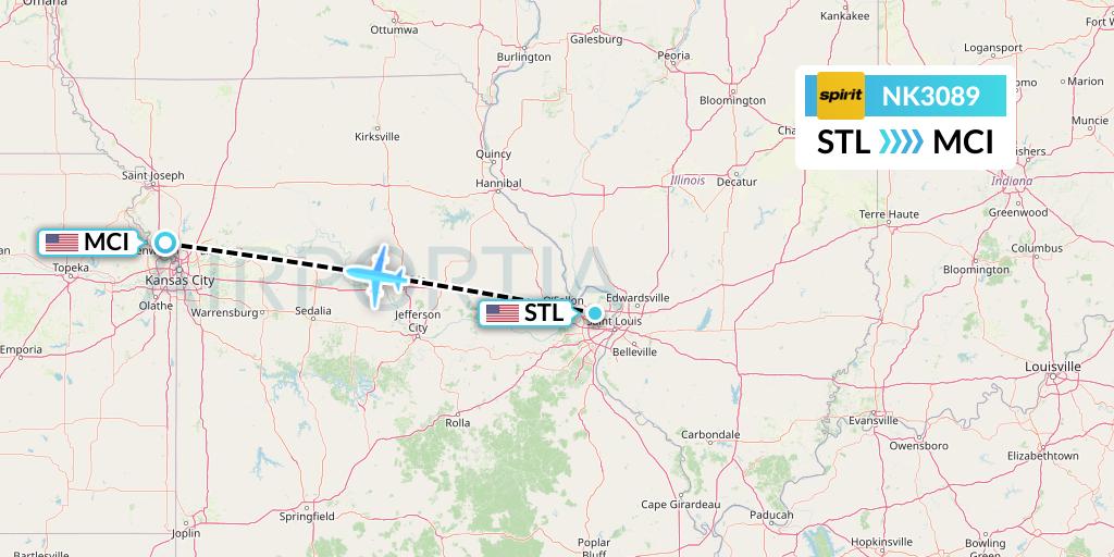 NK3089 Spirit Airlines Flight Map: St. Louis to Kansas City
