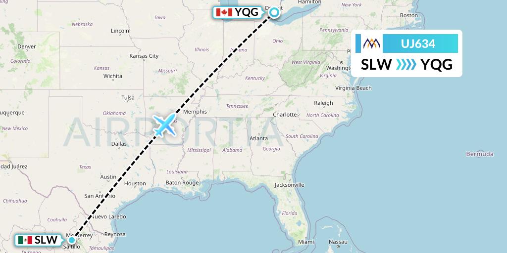 UJ634 AlMasria Universal Airlines Flight Map: Saltillo to Windsor