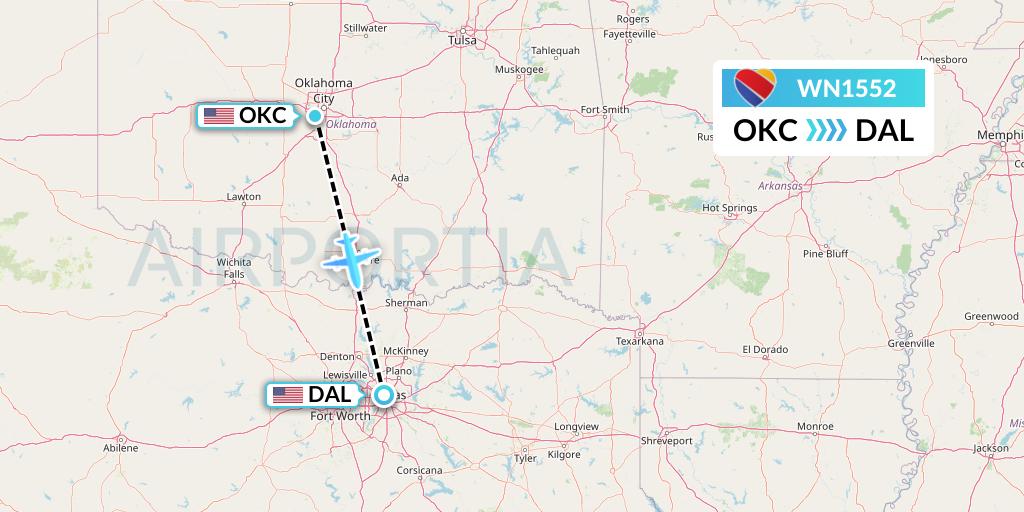 WN1552 Southwest Airlines Flight Map: Oklahoma City to Dallas