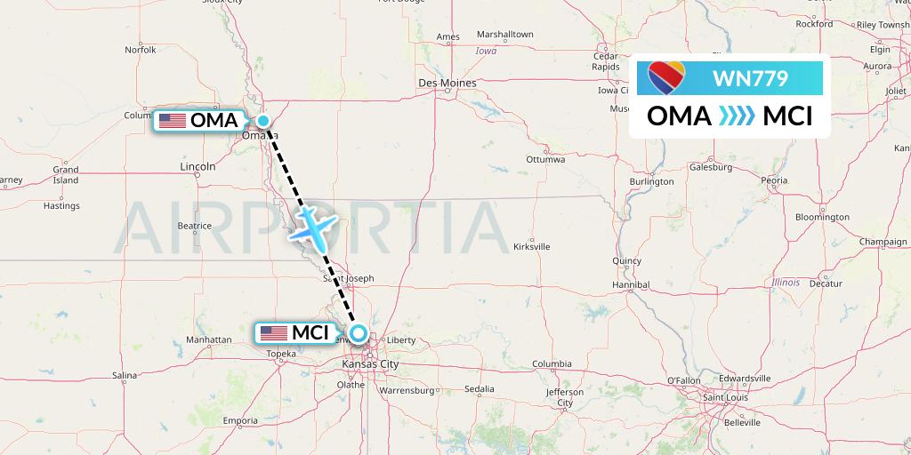 WN779 Southwest Airlines Flight Map: Omaha to Kansas City