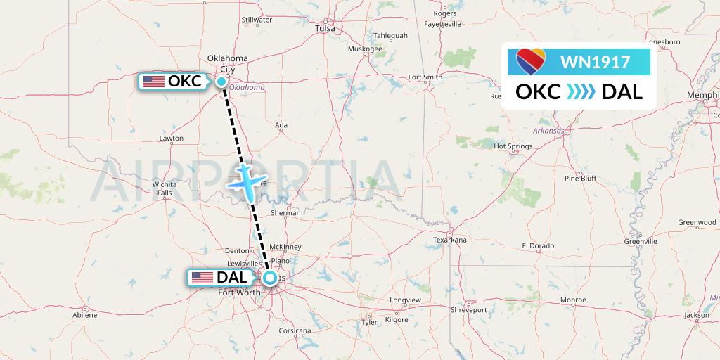 WN1917 Southwest Airlines Flight Map: Oklahoma City to Dallas