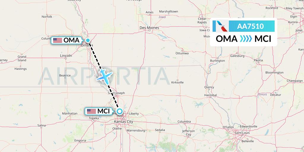 AA7510 American Airlines Flight Map: Omaha to Kansas City