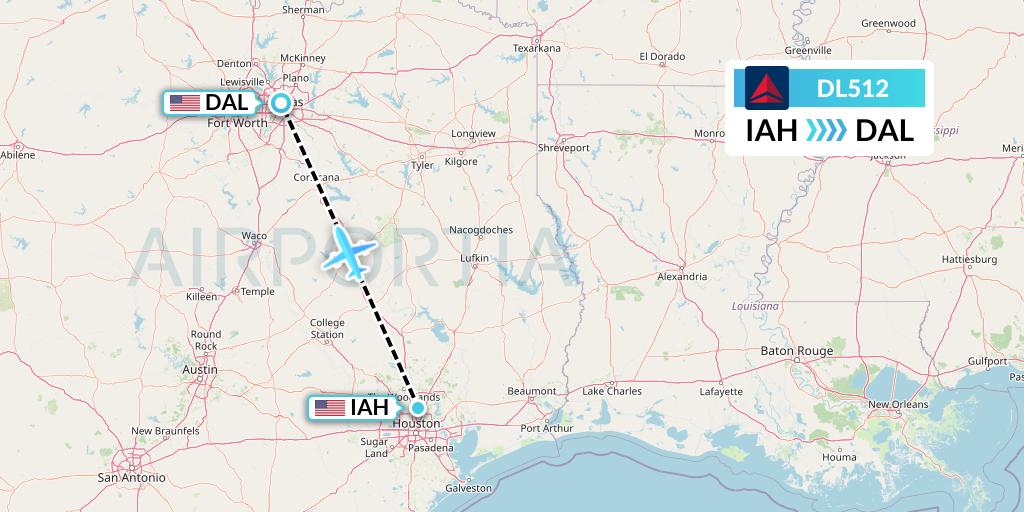 DL512 Delta Air Lines Flight Map: Houston to Dallas