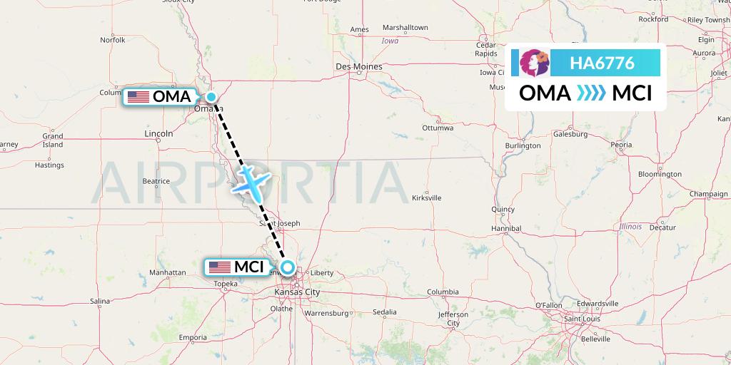 HA6776 Hawaiian Airlines Flight Map: Omaha to Kansas City