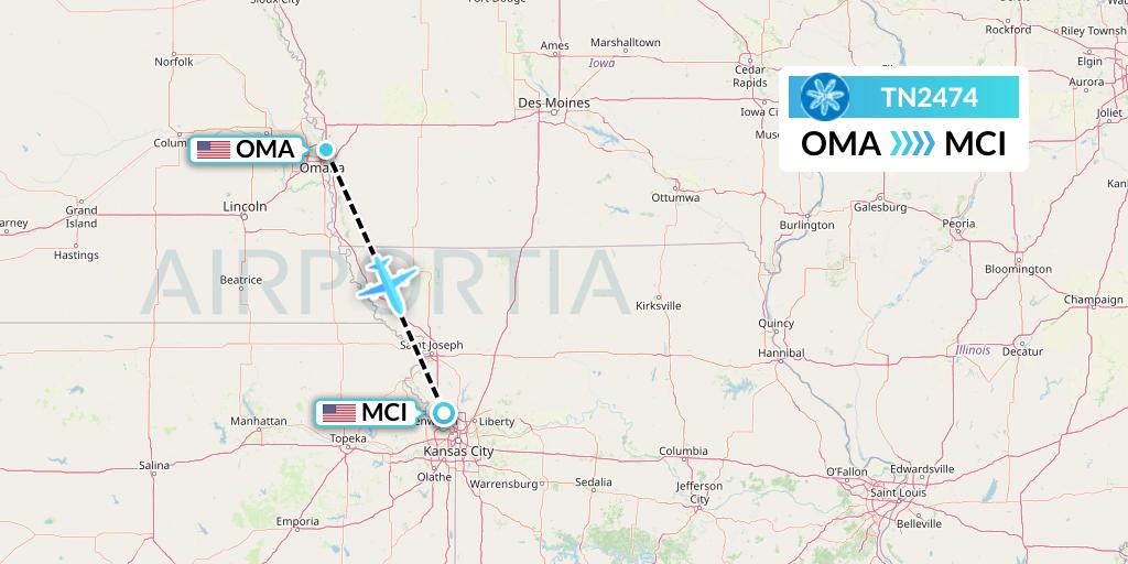 TN2474 Air Tahiti Nui Flight Map: Omaha to Kansas City