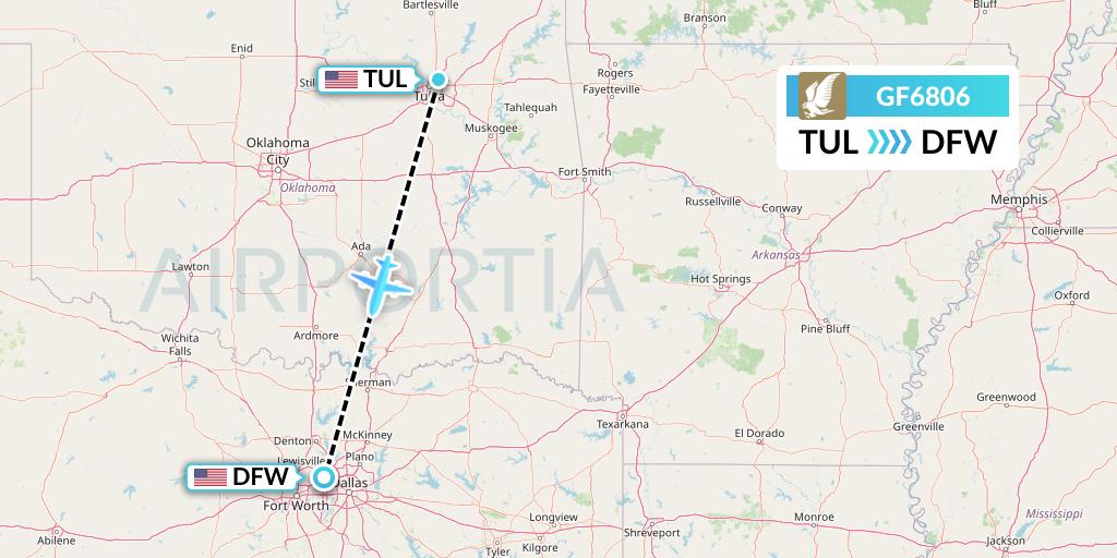 GF6806 Gulf Air Flight Map: Tulsa to Dallas