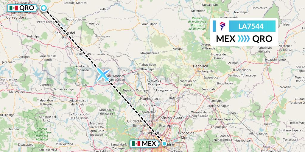 LA7544 LAN Airlines Flight Map: Mexico City to Queretaro