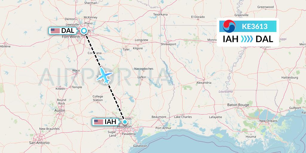 KE3613 Korean Air Flight Map: Houston to Dallas