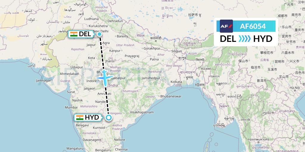 AF6054 Air France Flight Map: Delhi to Hyderabad